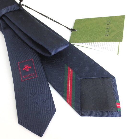NWT GUCCI MEN'S SILK LOGO EMBROIDERY PSAG NAVY BLUE - Picture 4 of 10